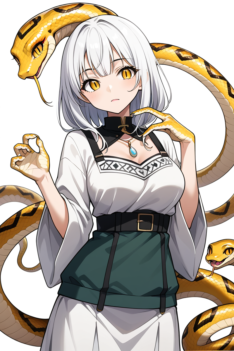snake_hybrid,source_anime, high quality, highly detailed, 1girl, anime girl, snake girl, white background, snake fingers, snake hands, snake eyes, scales