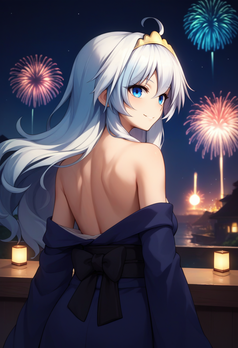 score_9, score_8_up, score_7_up, source_anime, from behind, solo, 1girl, mirabelle, smile, looking back, white hair, ahoge, tiara, blue eyes, blue kimono, off shoulder, black sash, bare shoulders, fireworks <lora:mirabeaustudios_mirabelle_ponyXL:1>
