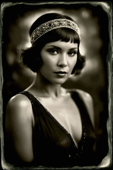 monochrome (wetplatecollodion:1.2),
a latin woman wearing flapper outfit,
elegant, elbows out, silhouette, nature,
selective focus
<lora:fix_hands:1>
<lora:Wet Plate Collodion_SDXLBase-V1:1>