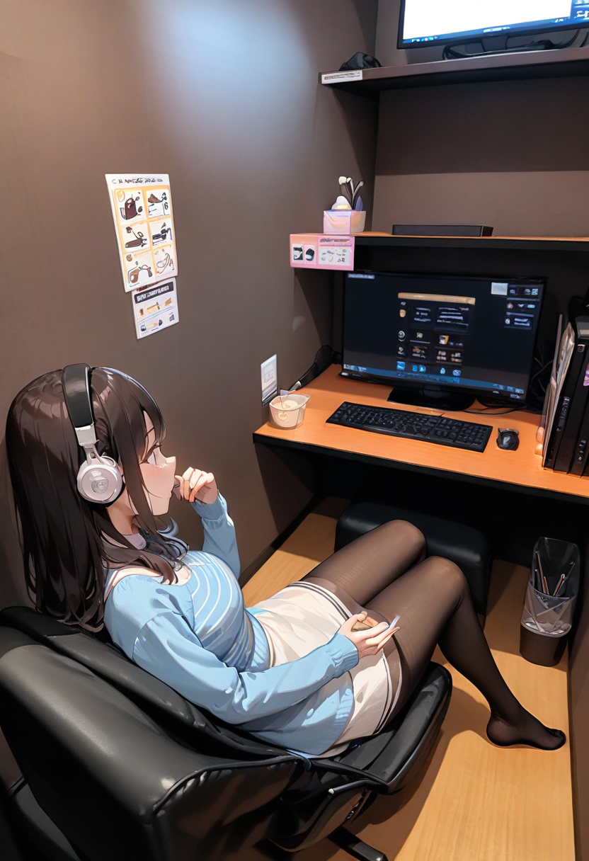 masterpiece, best quality, very aesthetic, absurdres,
necafe, scenery, 1girl, solo, computer, monitor, chair, black hair, sitting, book, striped, pantyhose, headphones, indoors, desk, lamp
 <lora:netcafe_SDXL_V1:1>