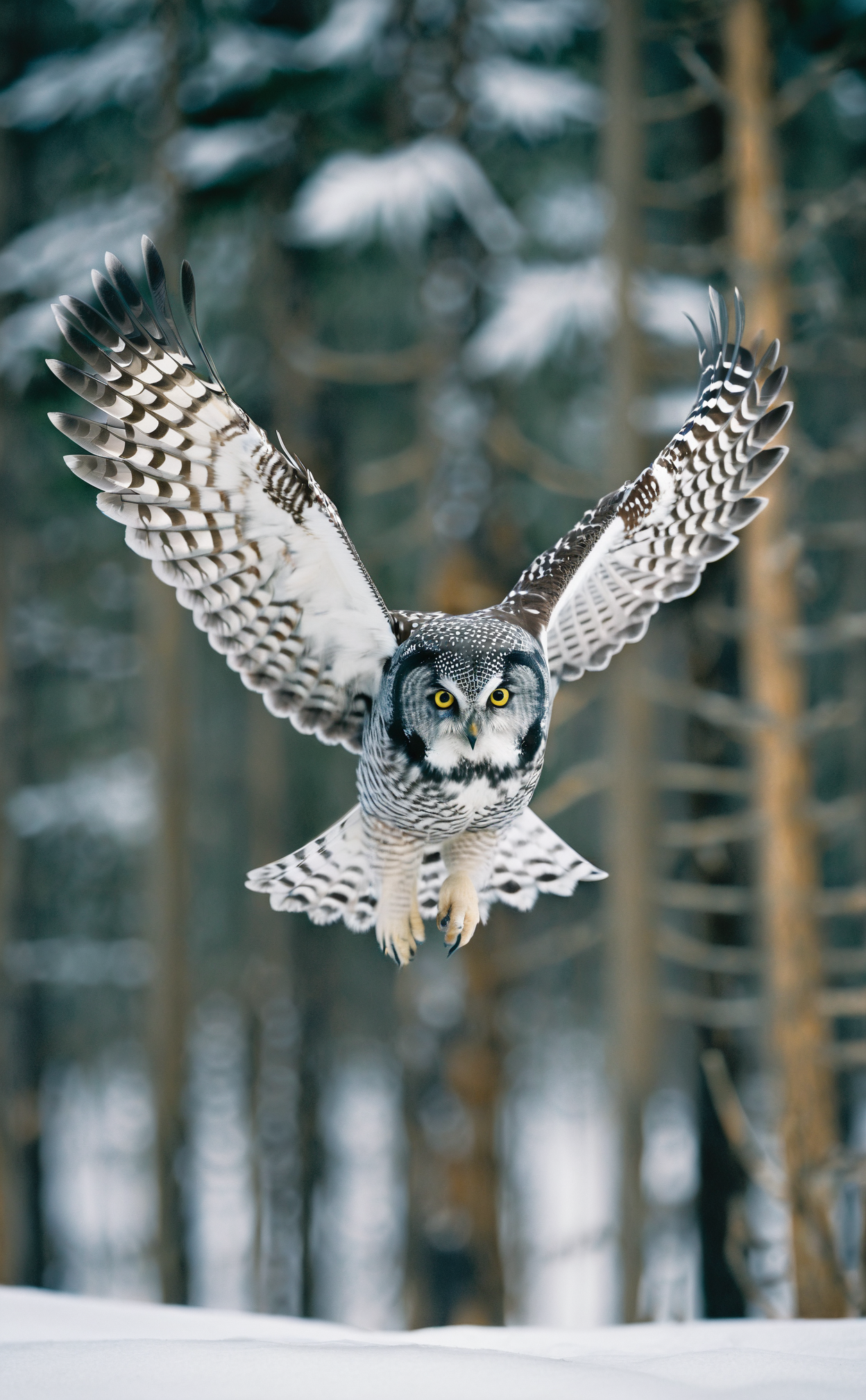 film photography aesthetic,Majestic Northern Hawk Owl in flight, wings fully extended, intricate feather patterns, sharp focused eyes conveying intensity, soft grey and white plumage, natural light highlighting subtle textures, smooth bokeh background merging cool blues and soft earth tones, wildlife photography capturing dynamic motion, expert use of shutter speed freezing delicate movement, absence of human interference, pure wilderness portrayal, optical excellence revealing minute details, high-resolution capture showing individual barbs on feathers, crisp contrast emphasizing the owl's natural camouflage.,Vibrant,whimsical