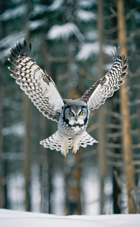 film photography aesthetic,Majestic Northern Hawk Owl in flight, wings fully extended, intricate feather patterns, sharp focused eyes conveying intensity, soft grey and white plumage, natural light highlighting subtle textures, smooth bokeh background merging cool blues and soft earth tones, wildlife photography capturing dynamic motion, expert use of shutter speed freezing delicate movement, absence of human interference, pure wilderness portrayal, optical excellence revealing minute details, high-resolution capture showing individual barbs on feathers, crisp contrast emphasizing the owl's natural camouflage.,Vibrant,whimsical