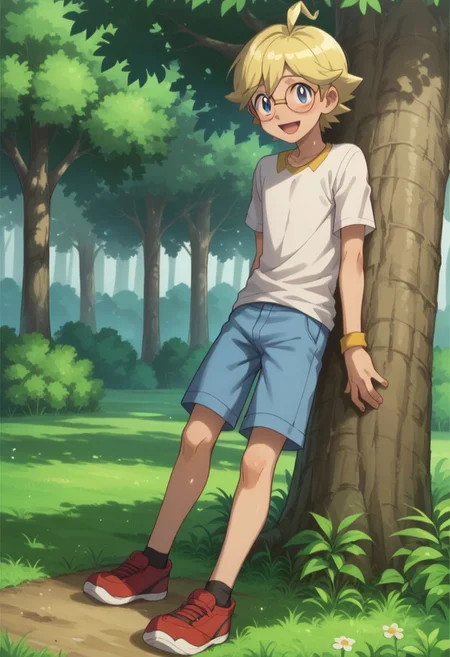 score_9, score_8_up, score_7_up, source_anime, highly detailed, 1boy, solo, male_focus, slender, skinny, cute, full body,
clem_2, 1boy, blonde hair, male focus, glasses, solo, open mouth, tree, blue eyes, ahoge, blush, shy, smile, shirt, short pants,