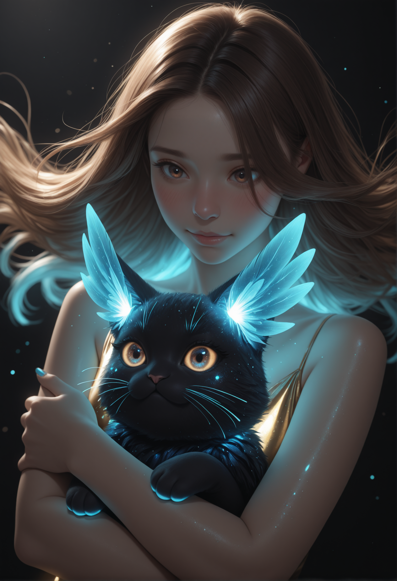 masterpiece, best quality, absurdres, gradient, face focus, detailed eyes, very awa, nail polish, glossy skin, realistic skin,
1girl, cinematic, dramatic atmosphere,
dynamic hand motion, blush, 
golden dress,
hair over eye, brown eyes,
dynamic angle, 
hands, hugging fluffy creature, black creature, cute fluffy creature, cat-bunny,
gentle smile,
lumireij, bioluminescence, glowing threads, blue particles, dark, <lora:LUMIreij:1>