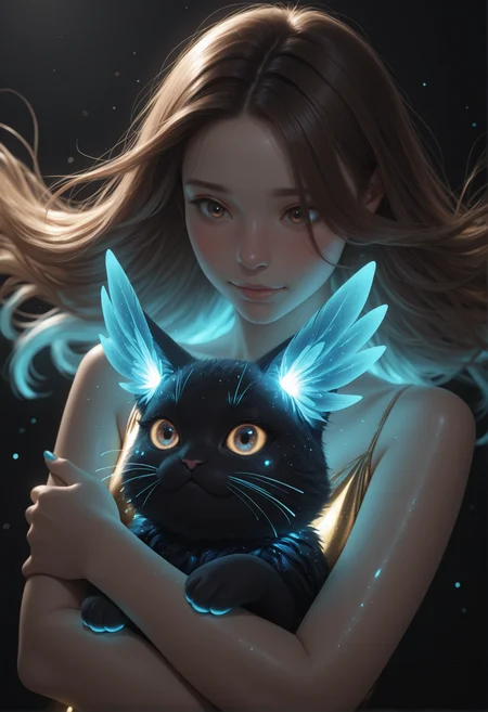 masterpiece, best quality, absurdres, gradient, face focus, detailed eyes, very awa, nail polish, glossy skin, realistic skin,
1girl, cinematic, dramatic atmosphere,
dynamic hand motion, blush,
golden dress,
hair over eye, brown eyes,
dynamic angle,
hands, hugging fluffy creature, black creature, cute fluffy creature, cat-bunny,
gentle smile,
lumireij, bioluminescence, glowing threads, blue particles, dark, <lora:LUMIreij:1>