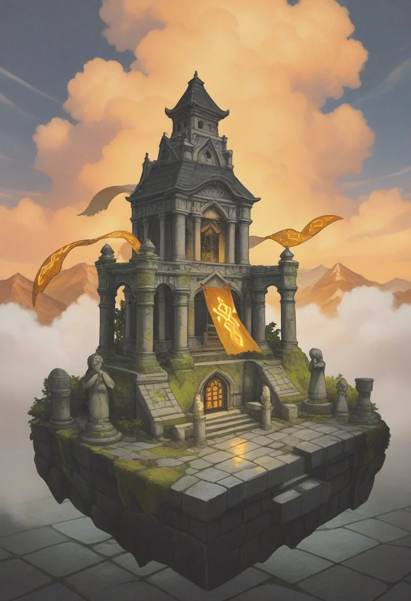 masterpiece, best quality, very aesthetic, absurdres, 
scenery, diorama, dollhouse_view, 
ancient monastery ruins atop a high mountain, stone pillars cracked by time, clouds drifting below the arena floor, wind blowing cloth banners, glowing runes on stone tiles, statues of forgotten gods surrounding the battlefield, dramatic sunset with golden light, moss and ivy covering the ancient architecture, calm but powerful setting, Bravely Default fantasy aesthetic, cinematic scope 
bdbgil
