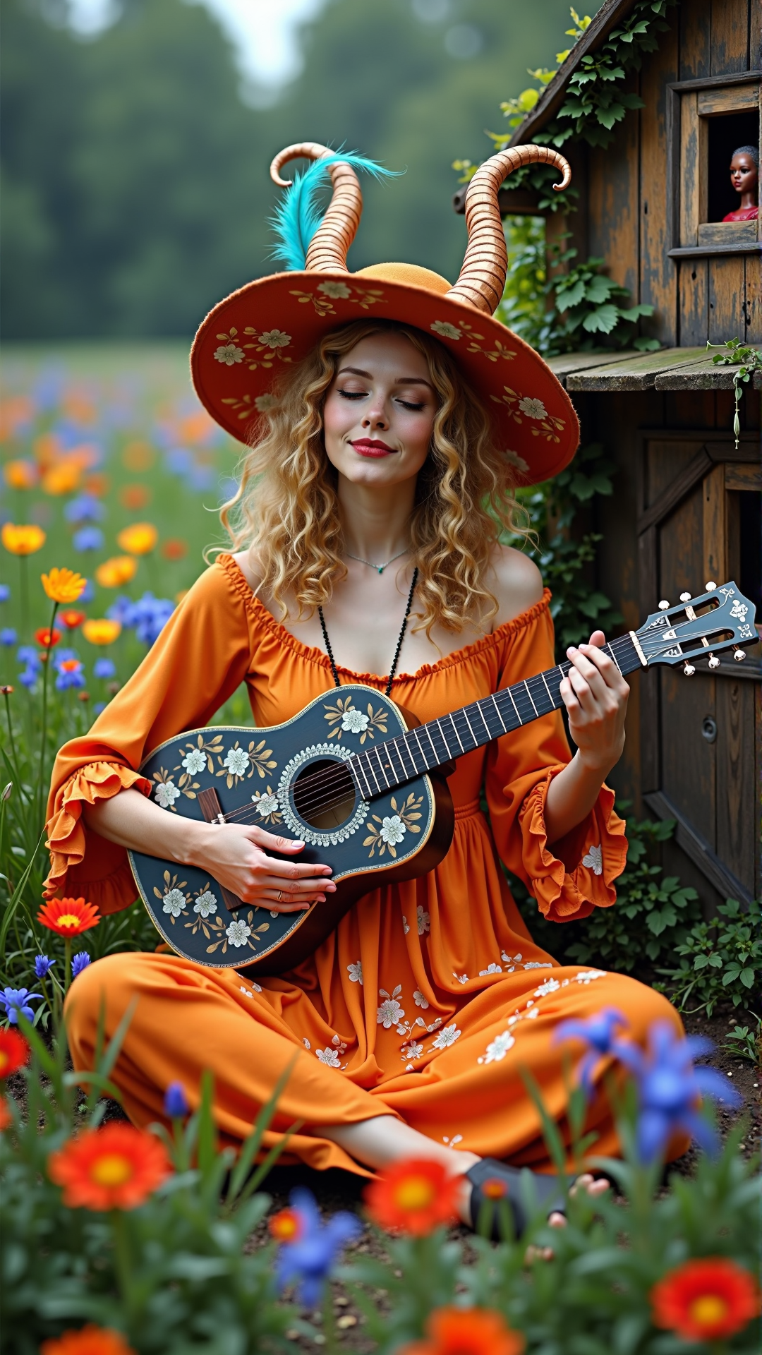 An image of a KrampusStyle A woman with curly, honey-blonde hair and warm, golden-brown skin sits cross-legged in a vibrant field of flowers, surrounded by a kaleidoscope of colors, as red poppies, yellow daisies, bluebells, and purple irises sway gently in the breeze, their petals shimmering like stained glass in the sunlight, the air filled with the sweet scent of blooming wildflowers, the woman's bright orange dress with white floral patterns and a matching wide-brimmed hat adorned with a turquoise feather, her eyes closed, a soft, enigmatic smile on her lips, as if listening to the flowers' song, nearby, an old, intricately carved wooden dollhouse, its paint chipped and faded, its windows like empty eyes, its door slightly ajar, as if inviting the woman to enter, the dollhouse overgrown with vines and moss, a few forgotten dolls and tiny furniture pieces scattered around it, the woman's slender fingers strumming the strings of a small, ornate guitar, its body adorned with mother-of-pearl inlays, the music blending with the flowers' gentle hum, creating a mesmerizing symphony of sound and color.. Dark, atmospheric and moody atmosphere. dark, moody, spiral
<lora:KrampusStyleFlux:__wildcards/numbers/07-09__>