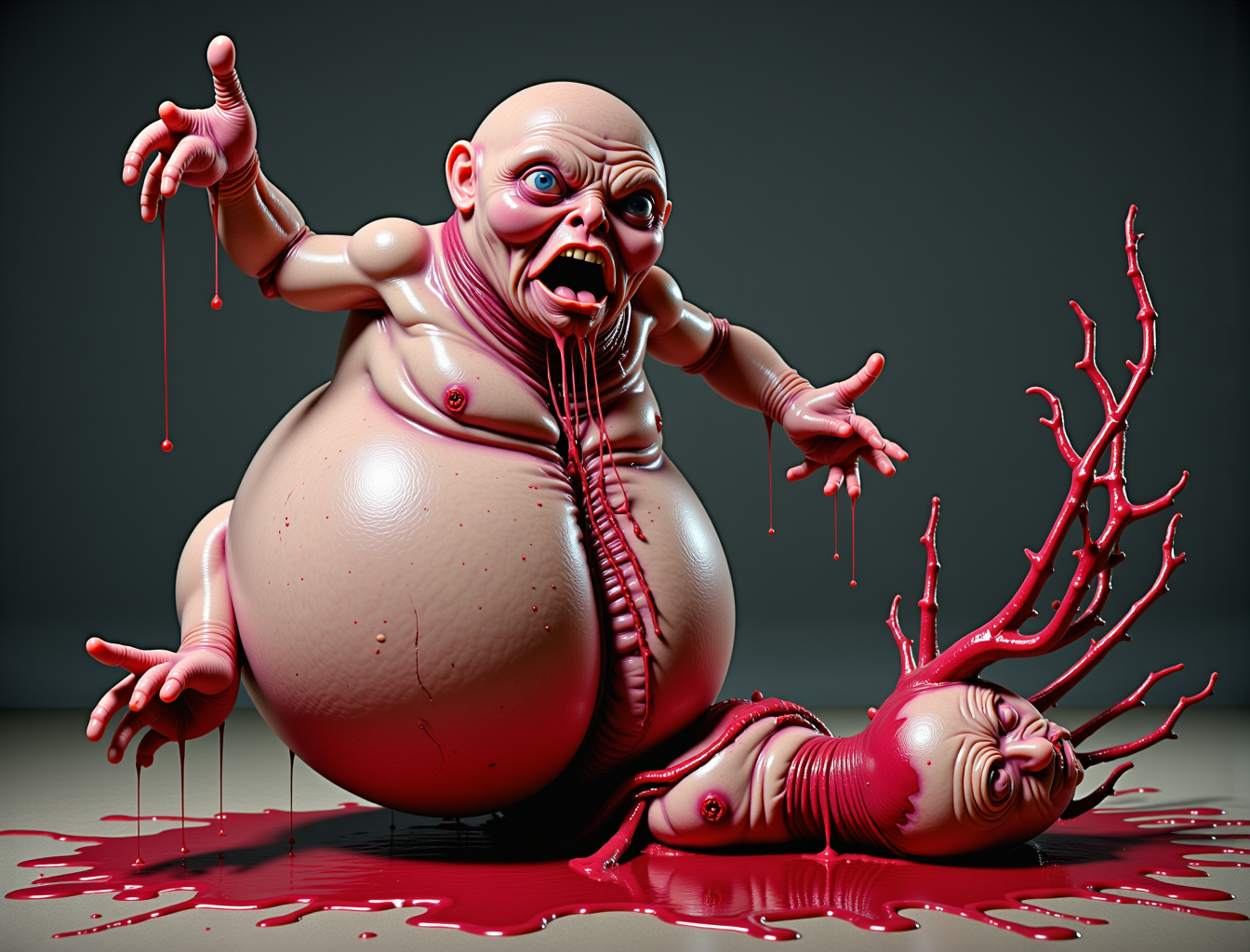 An image of the time where your dad got really drunk and decided he could beat the crap out of the most badass old god but obviously your dad is immediately decapitated and the headless body of your idiot dead dad is twitching on the ground with his mutilated severed head splattered on the ground a couple of meters away with blood spraying everywhere at the exact moment depicted in this image of your dad getting his head torn off.