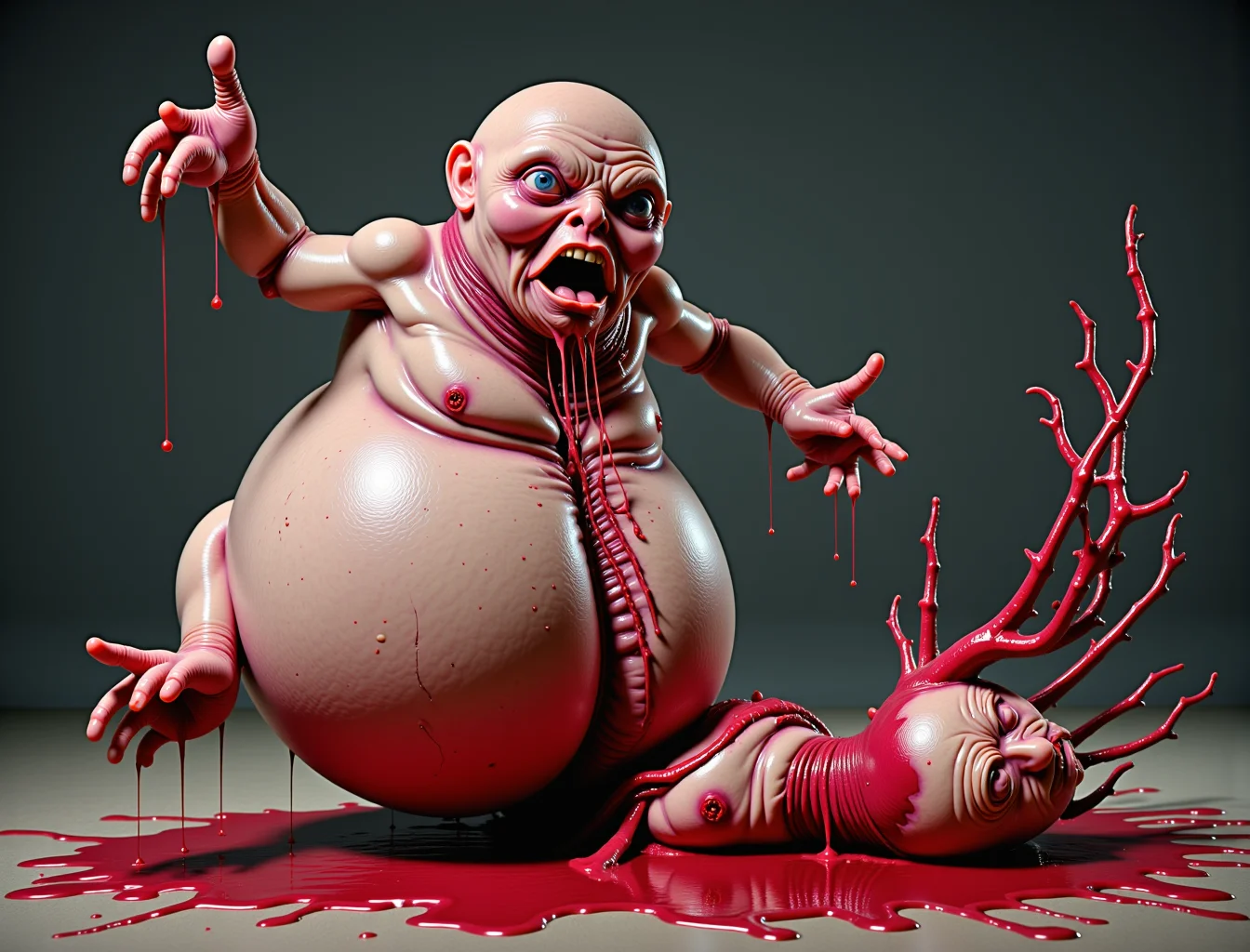 An image of the time where your dad got really drunk and decided he could beat the crap out of the most badass old god but obviously your dad is immediately decapitated and the headless body of your idiot dead dad is twitching on the ground with his mutilated severed head splattered on the ground a couple of meters away with blood spraying everywhere at the exact moment depicted in this image of your dad getting his head torn off.