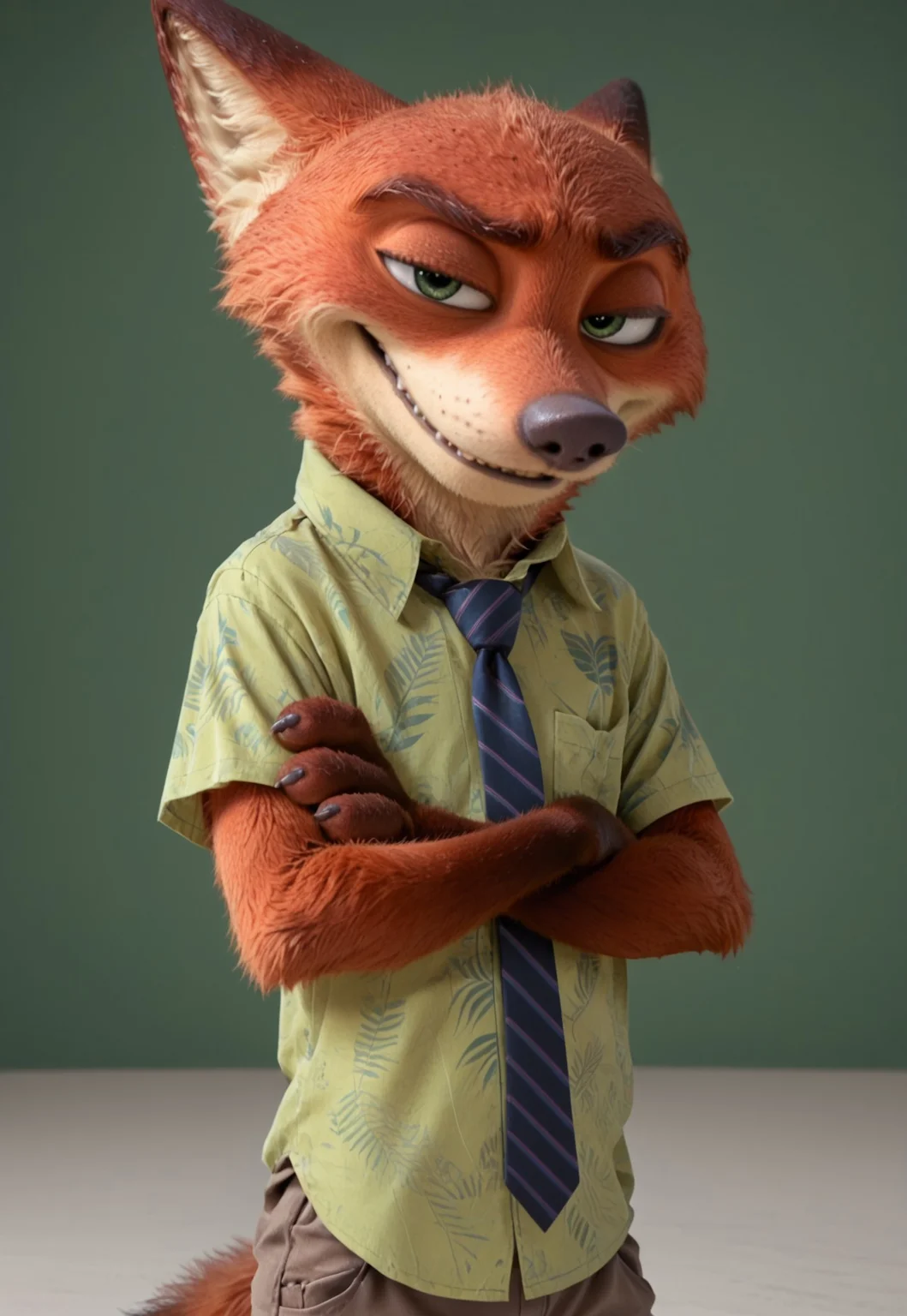 score_9, score_8_up, score_7_up, score_6_up, screencap, 4k, highly detailed, green background, NickWilde, Green Eyes, Green Hawaiian Shirt, Tie, Tan Khaki Pants, crossed arms, male, anthro, smug, looking at viewer