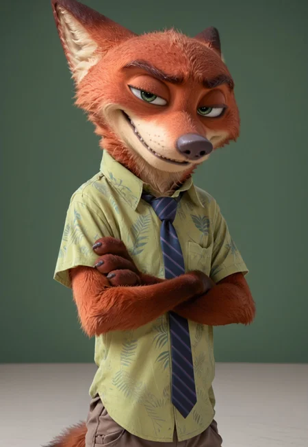 score_9, score_8_up, score_7_up, score_6_up, screencap, 4k, highly detailed, green background, NickWilde, Green Eyes, Green Hawaiian Shirt, Tie, Tan Khaki Pants, crossed arms, male, anthro, smug, looking at viewer