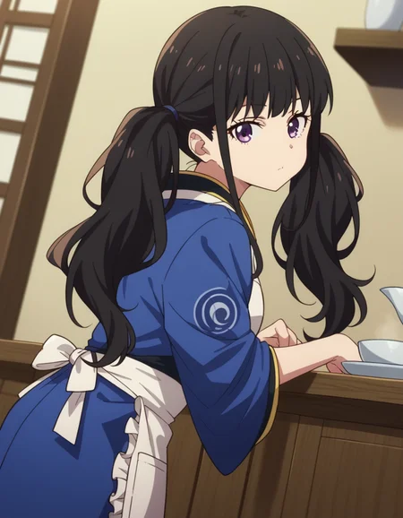 score_9, score_8_up, score_7_up, source_anime,
takinainoue, <lora:takina-inoue-s1-ponyxl-lora-nochekaiser:1>,
inoue takina, long hair, bangs, black hair, purple eyes,
twintails, japanese clothes, kimono, apron, waist apron, blue kimono, waitress,
indoors, bent over,
looking at viewer, cowboy shot, dutch angle, solo,