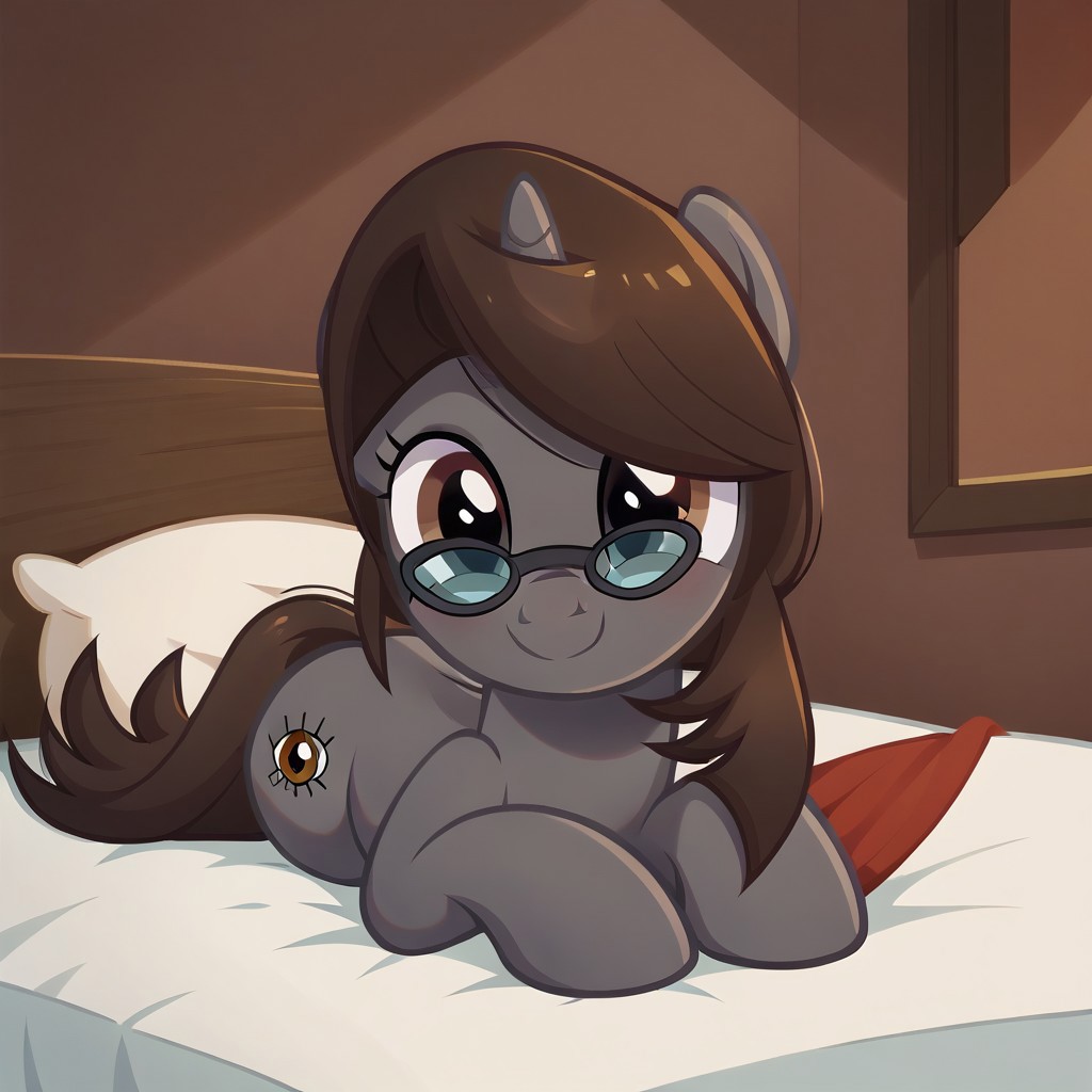 masterpiece, perfect detail, best high quality, source_pony, show accurate, cute, 1girl, solo, female, oc:sonata, glasses, pony, full body, butt, tail, laying on stomach, laying on bed, bed, bedroom, smile, closed mouth, beautiful, looking at viewer, score_9, score_8_up, score_7_up, score_6_up, score_5_up, score_4_up
