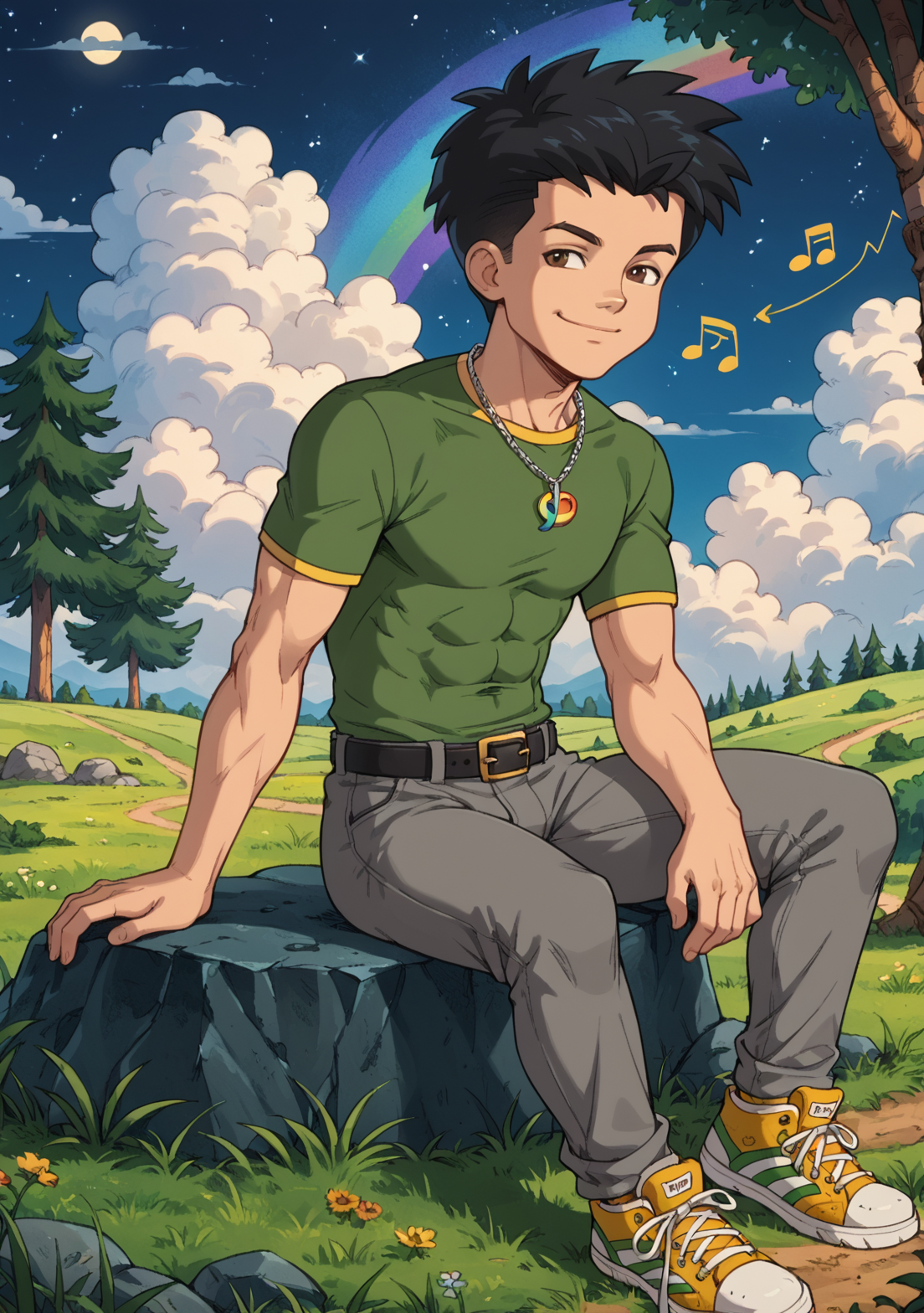 score_9, score_8_up, score_7_up, source_cartoon, Max_(Dragon Tales), solo, ((aged up, sexy, abs)) ((very tall)) sharp jawline, defined cheekbones, mature eyes, ((black hair, spikey hair)), brown eyes, smiling, cloud, outdoors, sitting on rock,  grass, rainbow, tree, black footwear, long legs, ((grey pants)), silver necklace, ((green shirt))(with graffiti patterns), short sleeved, zipper, dark golden sneakers, black belt, sitting,  music notes, night, starry sky, cloud, broad shoulders, <lora:Max_Dragon_Tales-000010 (1):0.7>