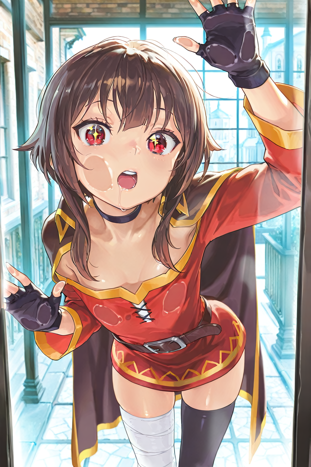 masterpiece, best quality, amazing quality, very aesthetic, absurdres, newest, scenery, volumetric lighting, depth of field, shiny skin,
1girl, megumin, red eyes, short hair with long locks, brown hair,
red dress, black choker, fingerless gloves, belt, black gloves, single thighhigh, black thighhighs, bandaged leg,  cape, 
flat chest, 
dynamic pose, leaning forward, 
cheek on glass, breasts on glass, hand on glass, 
drooling, wide-eyed, open mouth, sparkling eyes, looking at viewer, 
street, medieval, window, window shopping, 
perspective, colorful,
masterpiece, best quality, amazing quality, very aesthetic, absurdres, newest, scenery
<lora:breasts_on_glass_-_illustrious-XL_V1.0:1>