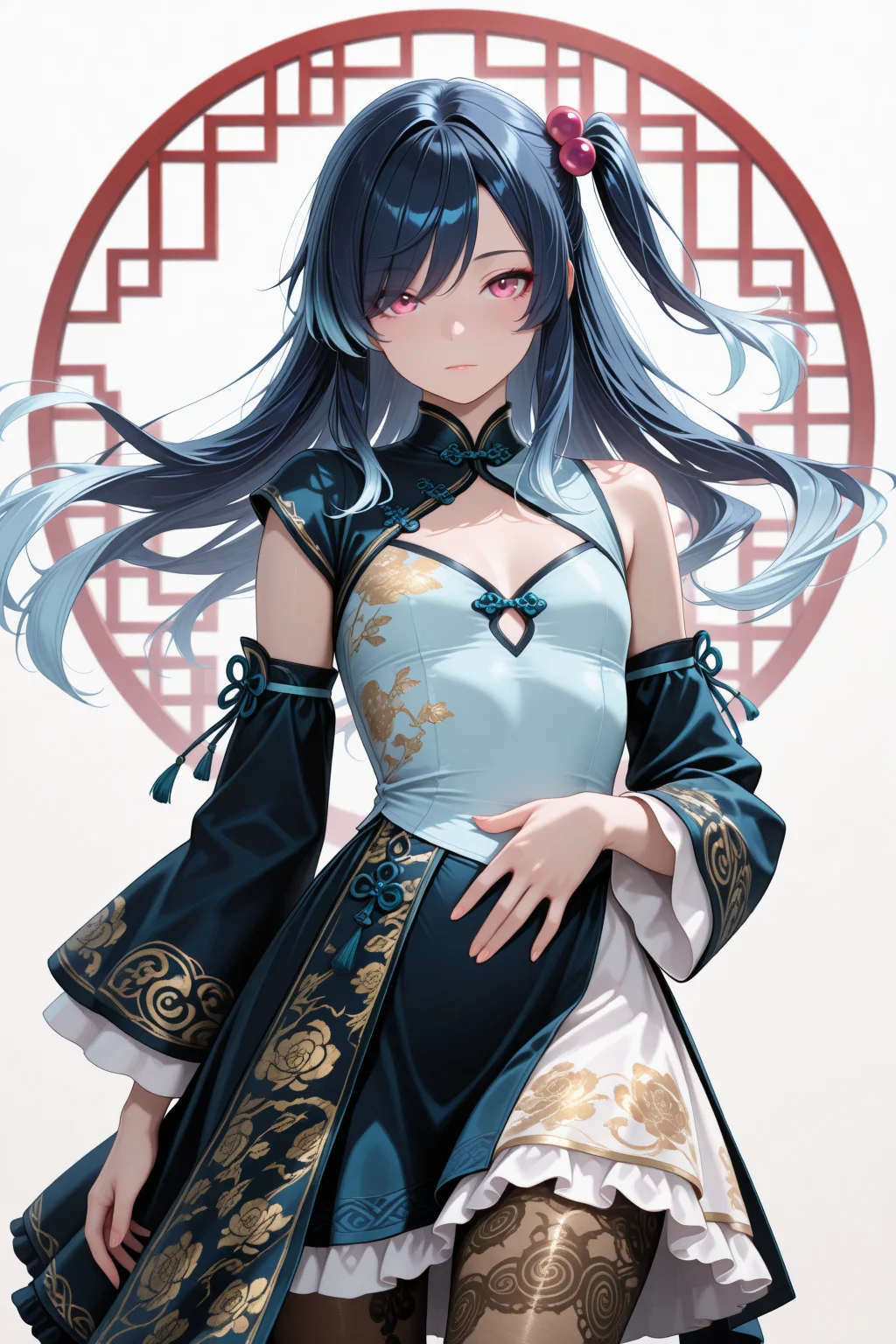 lazypos, 1girl,solo,looking at viewer,aged up, upper body, cowboy shot, , chinese background,
white background, simple background,
(floating hair:1.2),
,embroidered chinese clothes, , hands on own stomach,
frilled skirt,,dark yellow patterned pantyhose,single detached sleeves, off shoulder, cleavage cutout, lace-trimmed ribbon,( clothes accessories), asymmetrical clothes, asymmetrical skirt, uneven legwear,
(spiral curly hair:0.8),long hair,(dark blue hair:1.2),(light blue colored tips),pink eyes,swept bangs,one side up,eyes visible through hair,hair ornament,small breasts,flat chest,hair bobbles,mesugaki