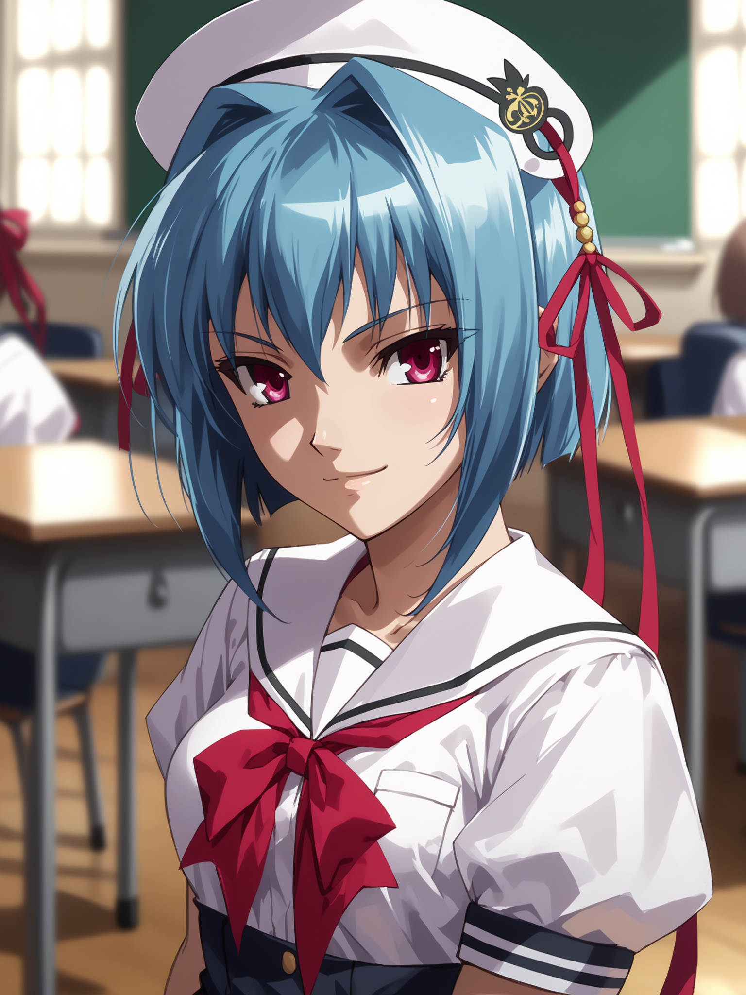<lora:happy_tentacle-chouun-v0.5-000010:0.9>, ht_chouun, hat, hat ribbon, indoors, classroom, school uniform , medium breasts, blue hair , cowboy shot, 1girl, (petite:1.2), solo focus, smile, , (looking at viewer:1.1), , (depth of field:0.8), , [(realistic, photorealistic:1.2):(realistic:1.3):22], [(3d:1.2)::10], <lora:LUUNA's Lunas-NijiJourney-SDXL-B2:0.75>, nijijourney, <lora:prgfrg23's Counterfeit-V3.0 Style SDXL_LoRA_Pony Diffusion V6 XL:0.3> <lora:Shed_The_Skin's StS_age_slider_v1_initial_release:-1.2>, score_9, score_8_up, score_7_up, score_6_up, score_5_up, score_4_up,