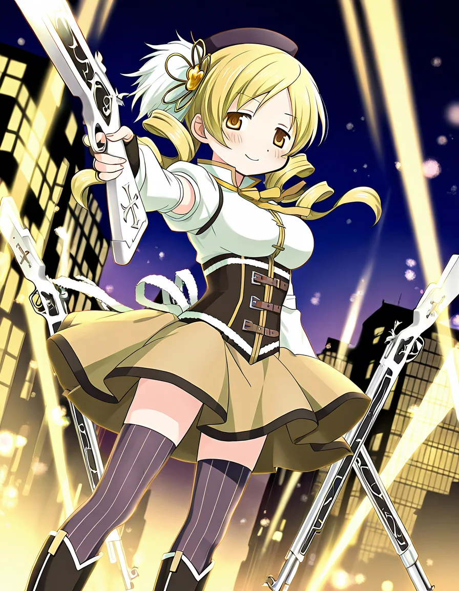 masterpiece, best quality, newest, absurdres, highres, safe, 1girl, tomoe mami, magia record: mahou shoujo madoka magica gaiden, solo, holding magical musket, aiming, city, night, dutch angle, <lora:tomoe_mami_noobaiXLNAIXL_vPred10Version:0.7>