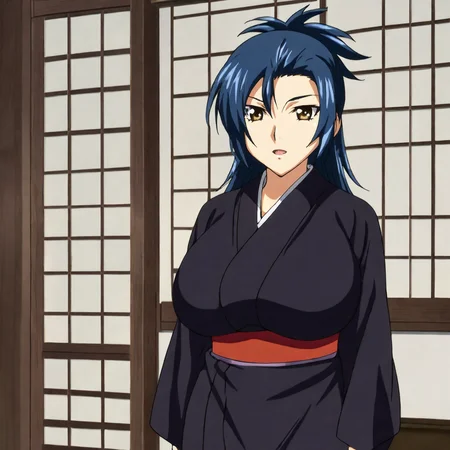 <lora:chifusa_pony_v1:.8>ChifusaBlackYukata, japanese clothes, kimono, 1girl, blue hair, large breasts, brown eyes, long hair, cowboy shot
