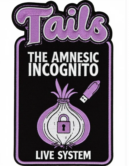 <lora:TextimproverV0.4:1> aidmatextimprover, <lora:metal-logo:1> "Tails" in large text at the top. The text "The Amnesic Incognito Live System" is printed at the bottom. Featuring a purple and white logo of a Mixture of onion, Lock and USB stick <lora:Embroidery_Patch_FLUX:1> patch, embroidery