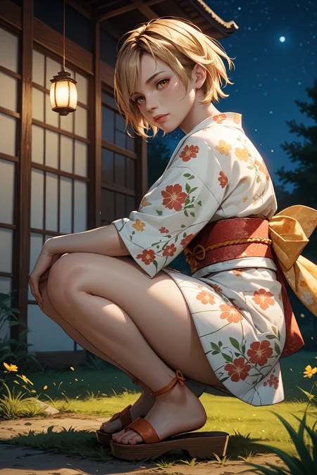 score_9, score_8_up, score_7_up,
<lora:SH3Heather:0.8>
SH3Heather, 1girl, blonde hair, short hair, amber eyes, night, grass, squatting, yukata, japanese clothes, floral print, obi, from side, looking at viewer, sandals, star \(sky\)