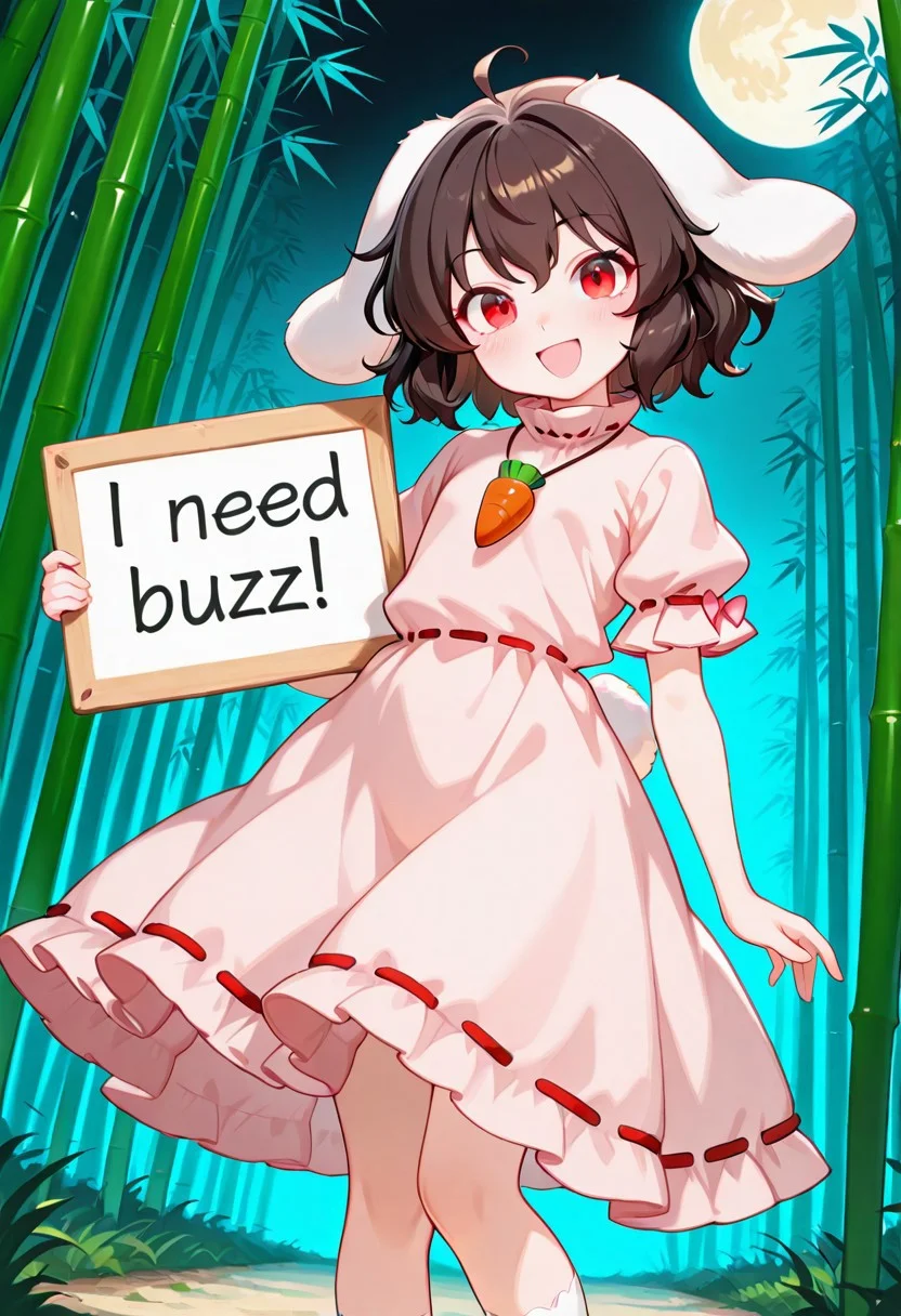 1 girl, Holding sign “I need buzz”,
Inaba Tewi, Petite, Flat Chest, Red Eyes, :D, Smile, Closed Mouth, Brown Hair, Short Hair, Rabbit Ears, Floppy Ears, Rabbit Tail, Carrot Necklace, Pink Ribbon-Trimmed Dress, Puffy Short Sleeves, Ribbon-Trimmed Sleeves, White Socks, Standing, Head Tilt, Looking At Viewer, Best Quality, Amazing Details, Brilliant Colorful Paintings ,moon, bamboo forest, night