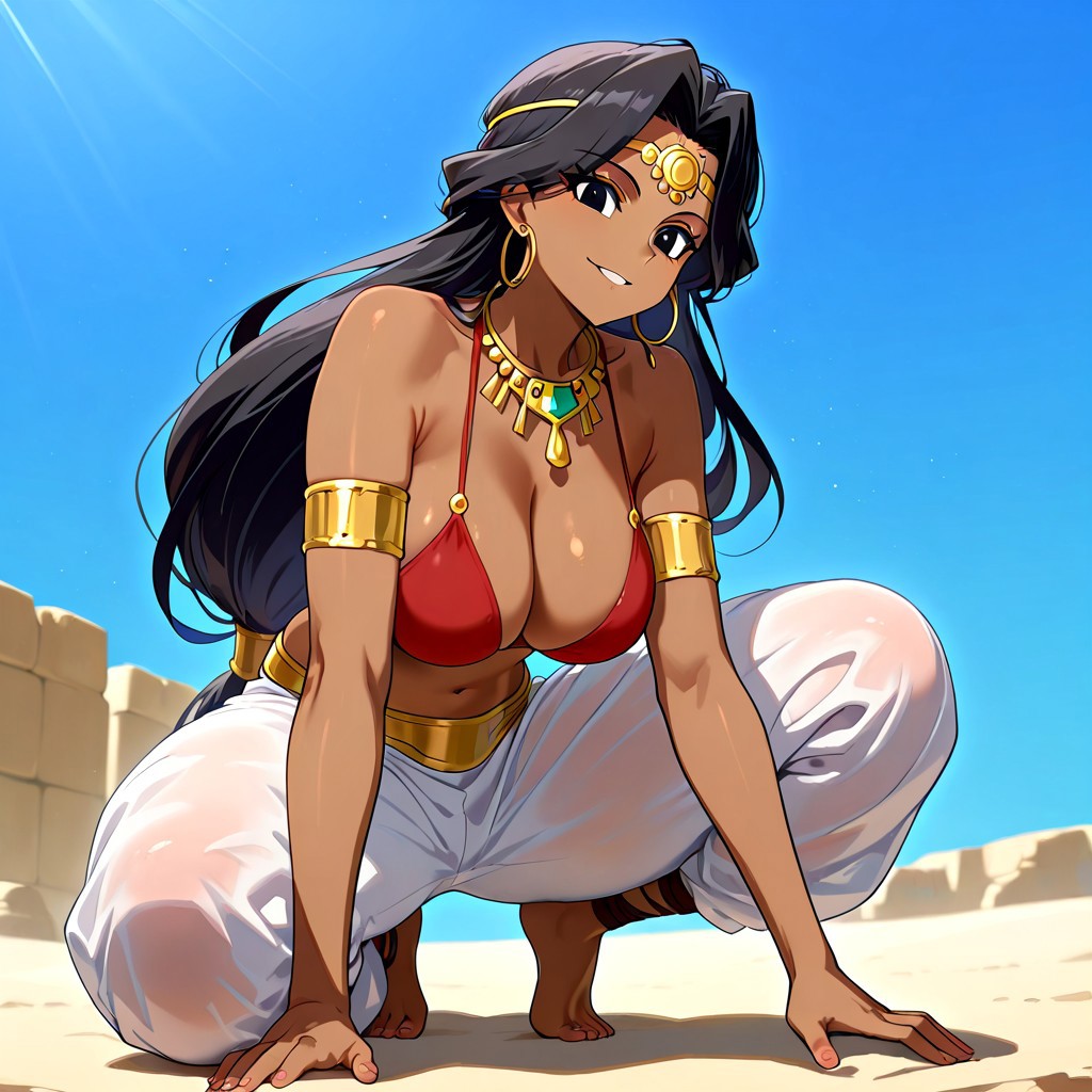 score_9, score_8_up, score_7_up, 1girl, black hair, long hair, black eyes, dark-skinned female, hoop earrings, jewelry, necklace, armlet, bare shoulders, neckline, red bikini, white baggy pants, bare feet, large breasts, blue sky,  looking at viewer, smile, solo, full body