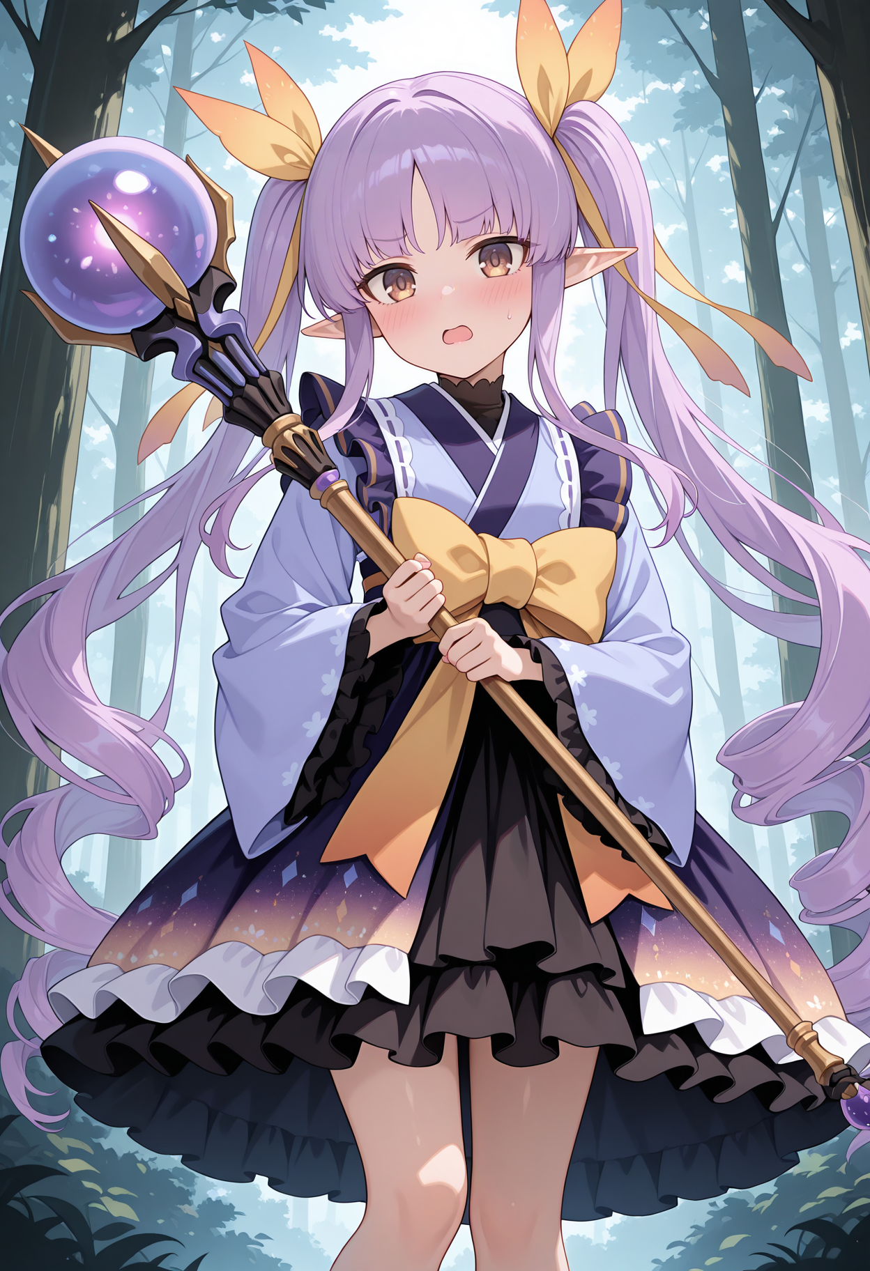 highres, best quality, masterpiece,
1girl, solo, blush, forest, pcrkyoka, purple hair, very long hair, elf, twintails, ringlets, brown eyes, kyokadef, hair ribbon, blue kimono, long sleeves, gradient kimono, purple kimono, kimono skirt, black skirt, frilled skirt, yellow bow, frills, standing, holding staff, open mouth, looking at viewer, <lora:_kyouka_pcr-elesico-ilxlC:1>