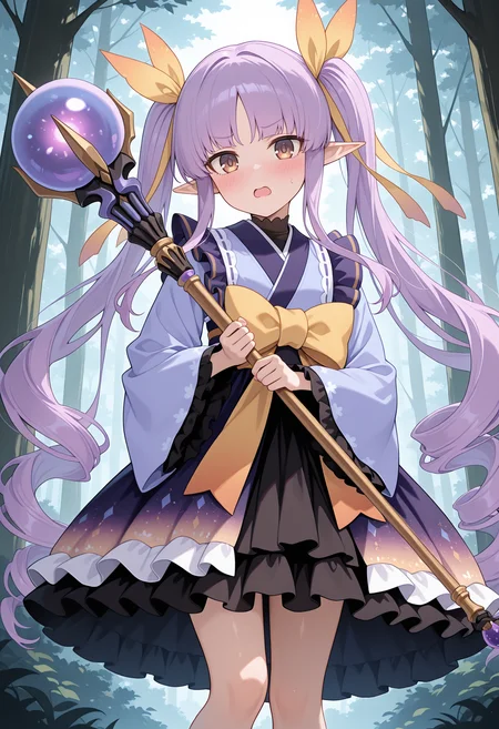 highres, best quality, masterpiece,
1girl, solo, blush, forest, pcrkyoka, purple hair, very long hair, elf, twintails, ringlets, brown eyes, kyokadef, hair ribbon, blue kimono, long sleeves, gradient kimono, purple kimono, kimono skirt, black skirt, frilled skirt, yellow bow, frills, standing, holding staff, open mouth, looking at viewer, <lora:_kyouka_pcr-elesico-ilxlC:1>