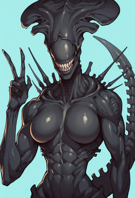 score_9, score_8_up, score_8, source_anime, 1girl, <lora:XenomorphQueen:0.9> solo, colored skin, muscular female, black skin, no eyes, tail, monster, upper body, teeth, sharp teeth, v sign,
light blue background, simple background,