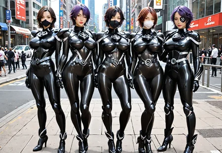 safe_pos, score_9,score_8_up,score_7_up,city,four women,facing viewer,full body,black battle costume, black bodysuit, beautiful luster,black armor, black gloves, large breasts,Beautiful legs, skin tight,gloves, 
tenryuu-kc, asian face, eyepatch, short hair, purple hair, yellow eyes,
 beautiful, hold , mask, Ladie combatant,
black rubber mask, Legs crossed,Sexy pose,
model standing,stand-by


