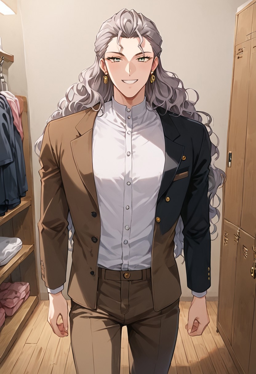 1990s (style), source_anime, official style, PonyXLV6_Scores, masterpiece, ultra detailed, best quality, beautiful face, perfect anatomy, anatomically correct, detailed eyes, <lora:xl_more_art-full_v1:0.7>, <lora:Detailed_anime_style:0.4>, <lora:LCM&TurboMix:1.0>, <lora:Expressiveh:0.5>, Expressiveh, 5 fingers, perfect hands, perfect feet, BREAK (<lora:CD11_kurosaki-10:1>, Kurosaki_CD11, 1boy, grey hair, long hair, wavy hair, grey eyes, (multiple earrings, small gold earrings,), white shirt, (two-toned jacket, left side black with brown lapel, black buttons, right side brown with black lapel, buttoned-up,,), dark brown trousers,), BREAK walking, stern, looking at viewer, smug, grin, cowboy shot, BREAK (changing room, wooden floor,),
