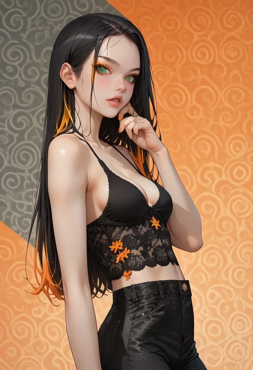 Solo, multicolored hair, Very long black hair with orange streaks, a lot of orange streaks, silk like hair, bright green eyes, pale clean skin, ((medium perky breasts)), perfect eyes, detailed background, home, (bralette, (orange) laced top) , denim pants, parted lips, playfull expression, one hand on own cheek, cowboy shot, Dutch angle
