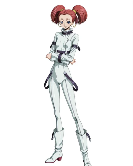 anime coloring,anime screencap,
highres,best quality,masterpiece,
shiny skin,
BREAK
<lora:transparent-background-illustriousxl-lora-nochekaiser:1>,transparent background,(white background:1.1),
Code Geass,
BREAK
<lora:Carine_ne_Britannia_Code_Geass_IL:1>,carbritan,1girl,solo,flat chest,twintails,blue eyes,red hair,short twintails,earrings,short hair,
white bodysuit,white boots,straitjacket,
standing,full body,smile,