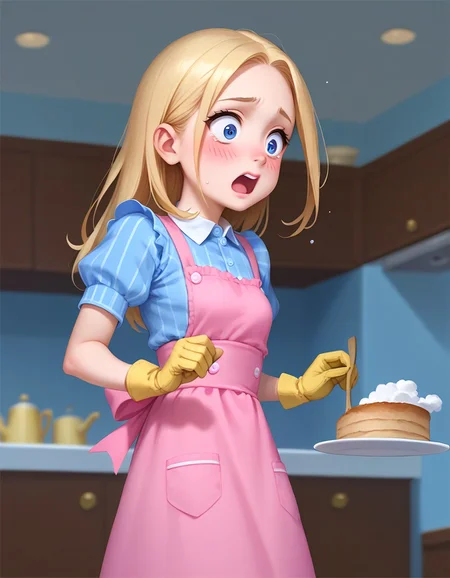 score_9, score_8_up, score_7_up, Casgas BREAK, 1girl, flat chest, tiny tits, young, solo, pretty, small breasts, surprised, scared, open mouth, raised eyebrows, long blonde hair, blue eyes, blush, blue shirt dress with short rolled-up sleeves, white corset shirt with small round buttons, pink apron tied at the back at the waist, yellow cleaning gloves, BREAK holding a big stack of white plates with two hands, falling plates, flying plates, standing, cowboy shot, semi-sideways, half-sideways, looking to the right, BREAK blue wallpaper with vertical sparse stripes, white tiles on the walls below the wallpaper