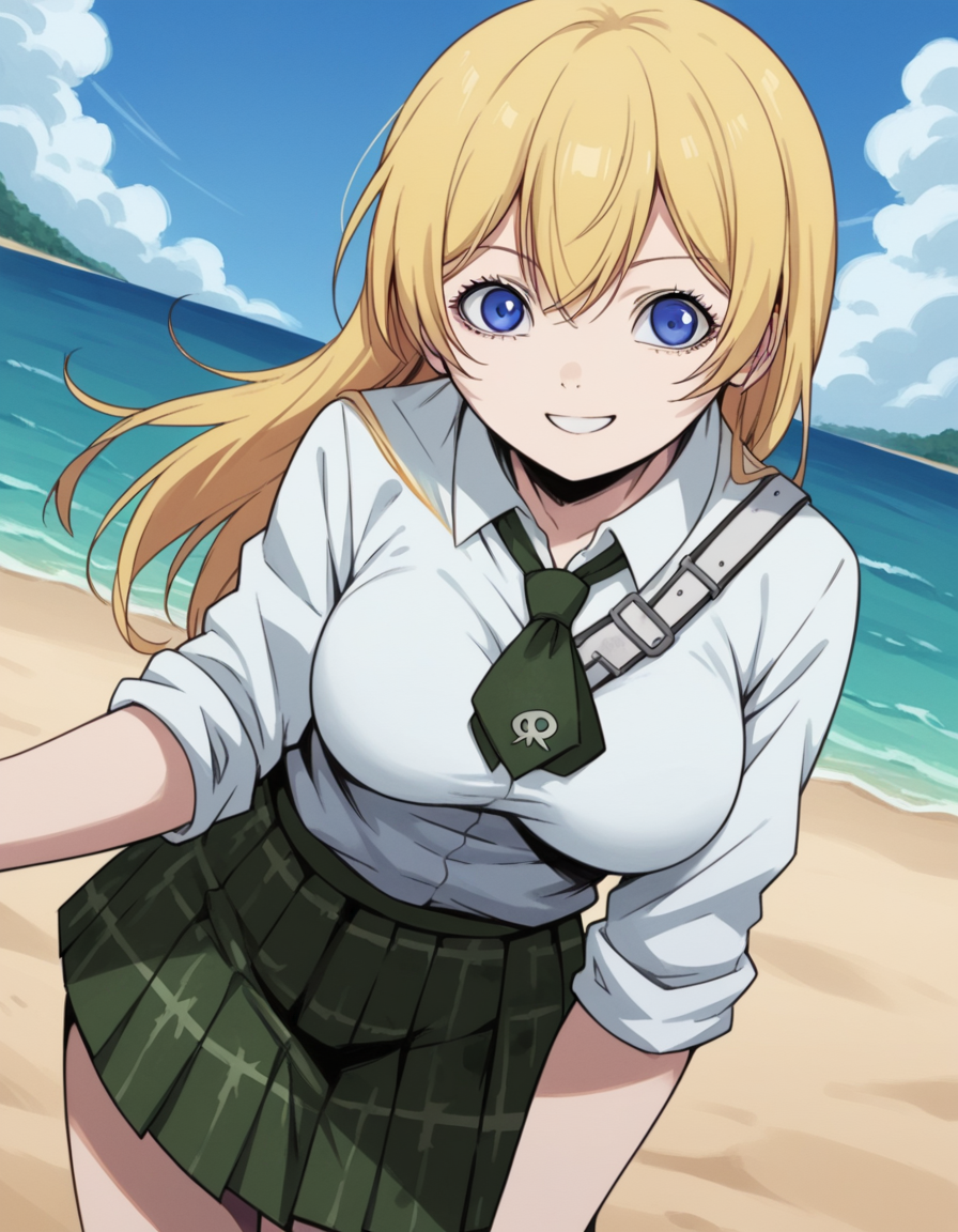 score_9, score_8_up, score_7_up, source_anime,
btooomhimiko, <lora:btooom-himiko-s1-ponyxl-lora-nochekaiser:1>,
himiko, long hair, blue eyes, blonde hair, large breasts,
skirt, shirt, school uniform, white shirt, pleated skirt, necktie, plaid, plaid skirt, sleeves rolled up,
beach, bent over, smile,
looking at viewer, cowboy shot, solo, dutch angle