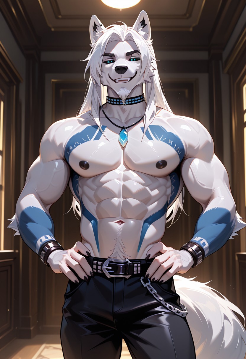 masterpiece, best quality, amazing quality, very aesthetic, absurdres, newest,  high quality, detailed, male, solo male, Pyro29, 1boy, broad shoulders, mature male, blue eyes, black sclera, athletic build, animal ears, wolf, long hair, white hair, white body, blue body markings, thick eyebrows, topless, pecs, abs, black nipples, choker necklace, wristbands, black pants, studded belt,  looking at viewer, smiling, half lidded eyes, detailed face, detailed eyes, indoors, volumetric lighting, half body, cowboy shot, hands on hips