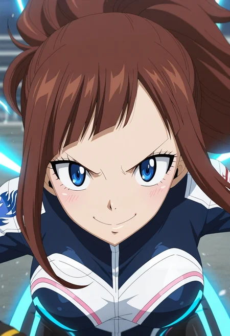 masterpiece, best quality, anime screencap, anime coloring, official style, , , 1girl, blue eyes, ash brown hair, micro bangs, ,, solo, high-tech arena, glowing grids, digital barriers, racing cycles, action pose, confident expression, electric ambiance, <lora:fairy_tail_style_ilxl:1>, fairy_tail_style,