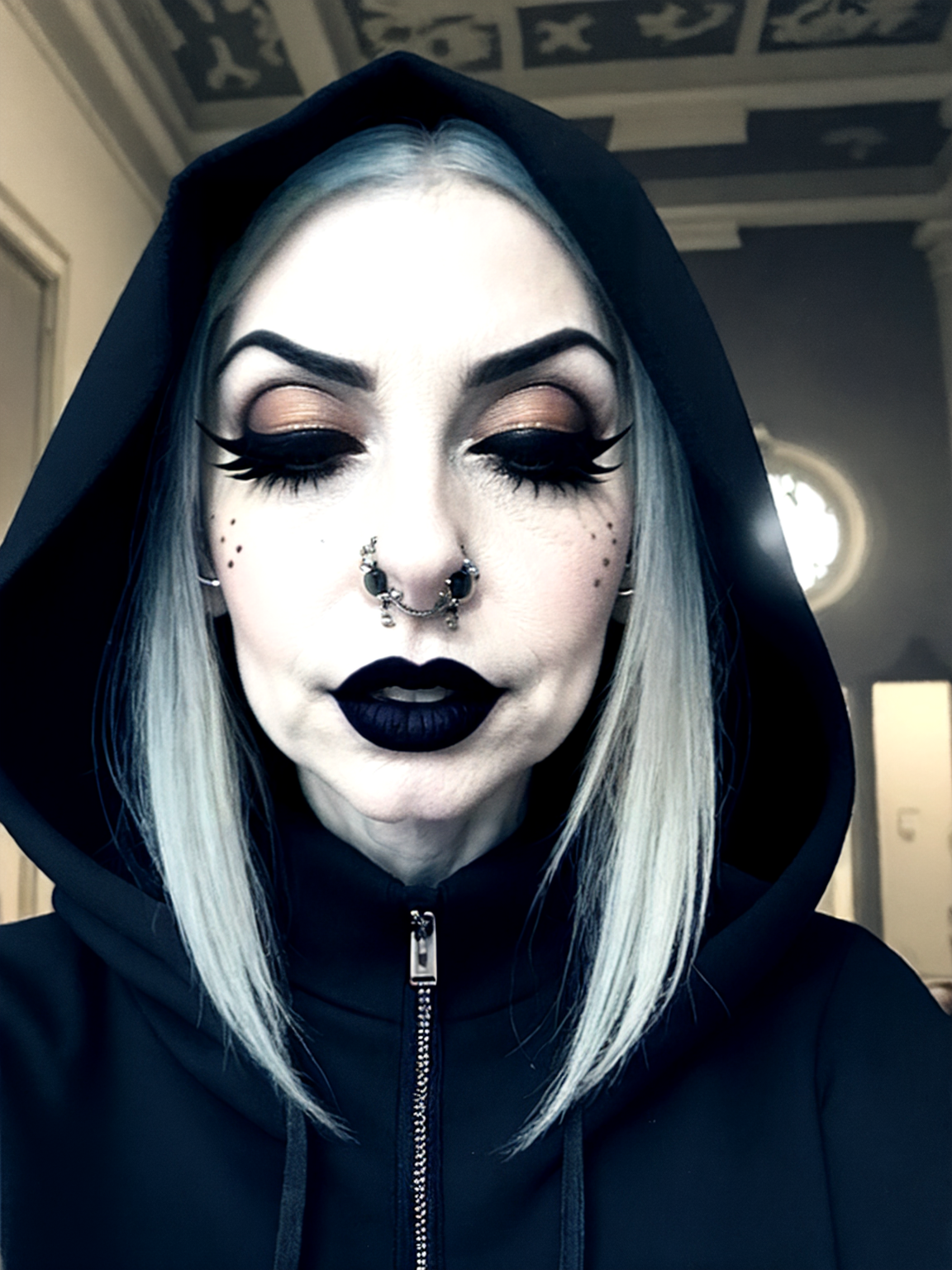 best quality, masterpiece,  jp-GG1-800  1girl,  solo,  (full body:0.6), eyes closed,  detailed background, detailed face, (victorian theme:1.1), chaos sorcerer, sinister expression, dark themed hooded wizard attire, skull symbol, enveloped by green  chaotic energy, forces at work, casting disruptive spell,  shifting realities, , scattered debris, , causing mayhem, shadowed ambiance, chaotic atmosphere,  <lora:detail_slider_v4:2