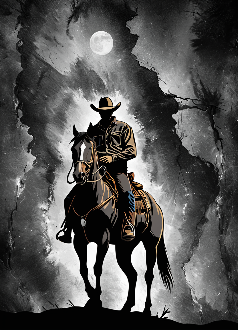 foilart, abstract, western, cowboy, standing, night, black, <lora:Foil-Art:0.8>