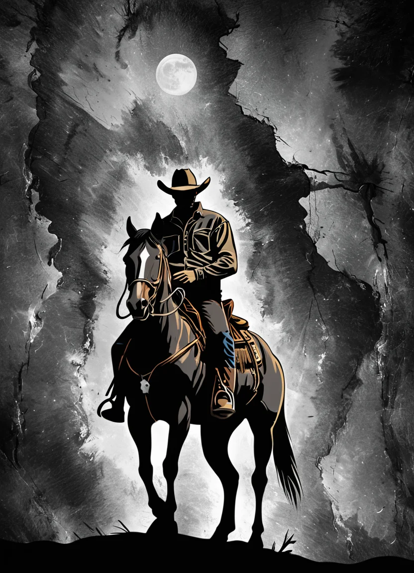 foilart, abstract, western, cowboy, standing, night, black, <lora:Foil-Art:0.8>