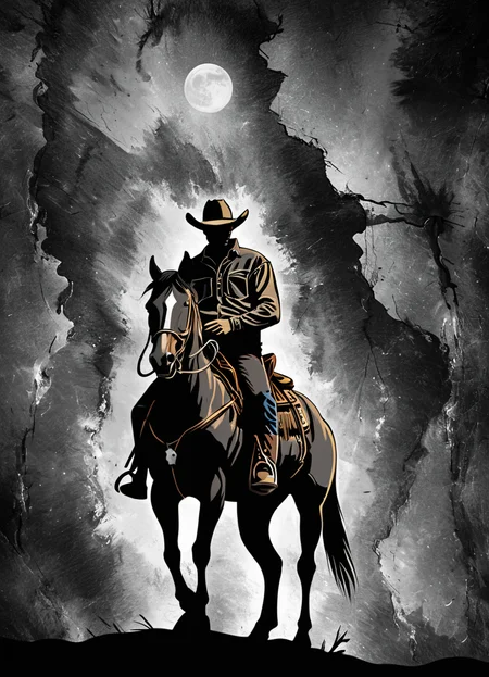 foilart, abstract, western, cowboy, standing, night, black, <lora:Foil-Art:0.8>