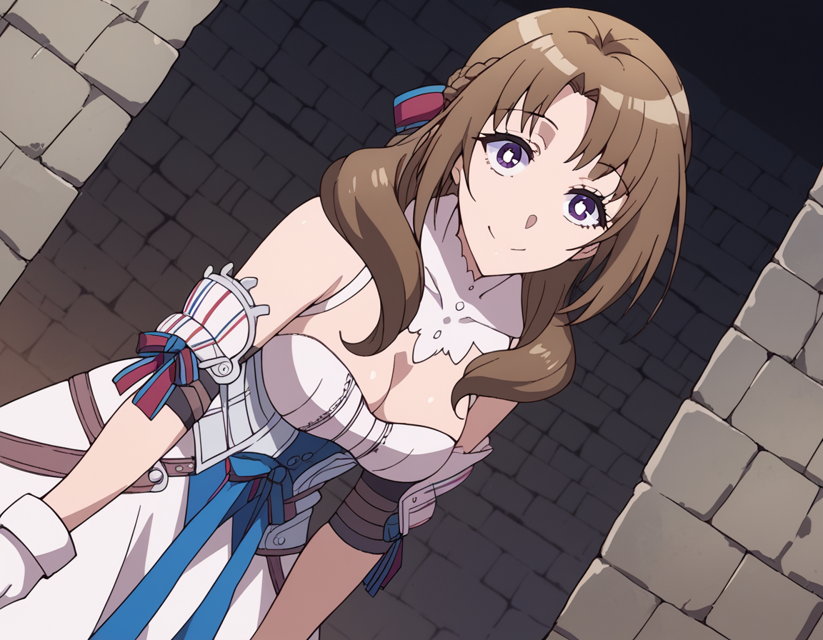 score_9, score_8_up, score_7_up, source_anime,
mamakooosuki, <lora:mamako-oosuki-s1-ponyxl-lora-nochekaiser:1>,
mamako oosuki, long hair, brown hair, purple eyes, hair ribbon, braid, bright pupils, french braid, white pupils,
gloves, dress, cleavage, bare shoulders, white gloves, white dress, armor, choker, detached collar,
dungeon, bent over, smile,
looking at viewer, cowboy shot, solo, dutch angle,
