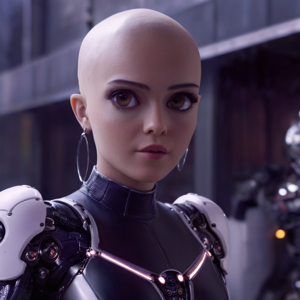 cinematic film still of  <lora:perfection style:0.9>
 <lora:Alita:1>
In futuristic 2563 a creepy bald villain cyborg woman in a futuristic spidersuit holding a sci - fiore,1girl,solo,looking at viewer,robot,mecha,science fiction,hoop earrings,android,joints,cyborg,robot joints,mechanical parts,detailed,real,different,unique,cinematic,dramatic,concept art,filmic,Battle Angel style , big eyes, shallow depth of field, vignette, highly detailed, high budget, bokeh, cinemascope, moody, epic, gorgeous, film grain, grainy