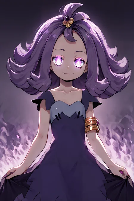 high resolution, highly detailed, perfect lighting, beautiful detailed eyes, ((masterpiece,best quality)), absurdres, solo, <lora:Acerola_Pokemon_P1:0.8>, glowing eyes, acerola (pokemon), purple hair, purple hair, topknot, flipped hair, collarbone, purple dress, stitches, multicolored dress, armlet, smile, looking at viewer, cowboy shot, <lora:LunarCAT_Style:0.8>, <lora:KuroCAT_Style:0.5>,