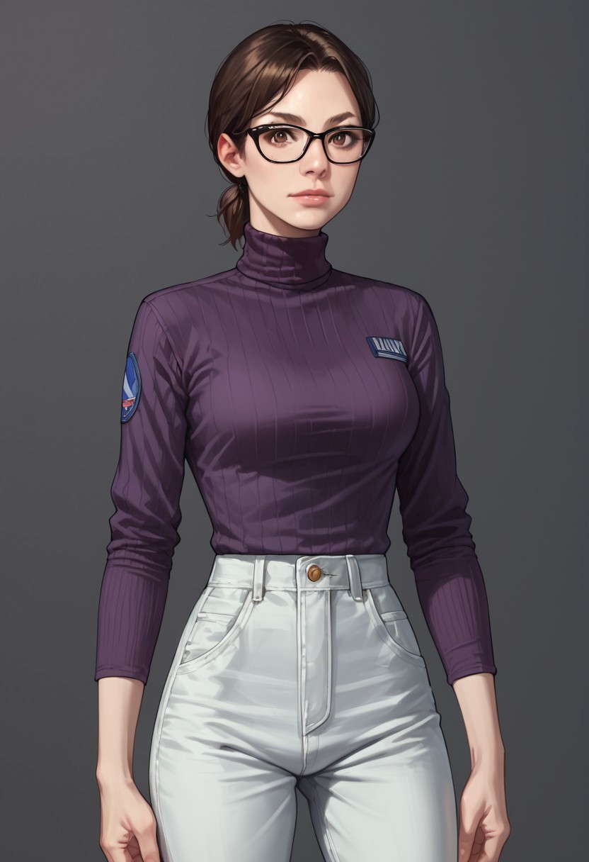 score_9, score_8_up, score_7_up, score_6_up, source_realistic, BREAK 1girl, solo, ninataylor, brown hair, short ponytail, brown eyes, glasses, purple turtleneck, uniform pants,