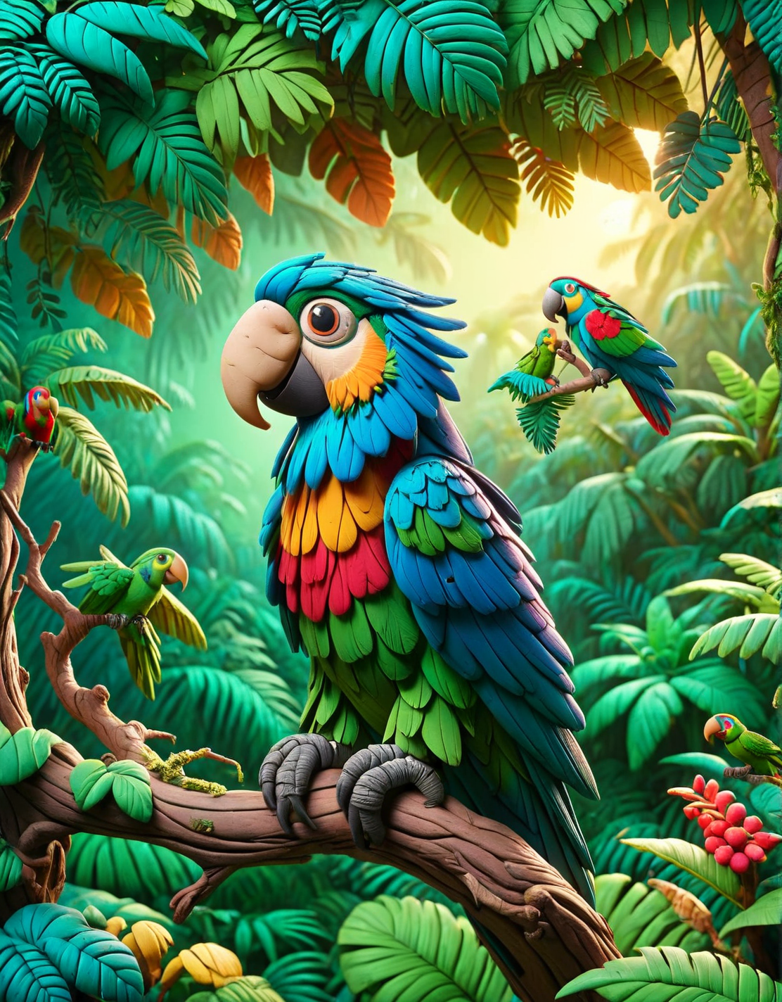 ais-hppycly parrot happily singing in a tree in the jungle <lora:ais-hppycly-sdxl:1>