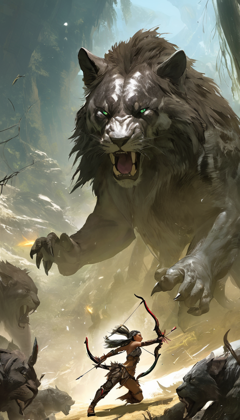 Cinematic scene, a skilled archer battles against fierce beasts and treacherous terrain in order to protect her tribe from a dangerous threat, masterpiece, best quality, high quality, highres, absurdres, vivid, Guild Wars 2 <lora:guild_wars_xl_v4:1>
