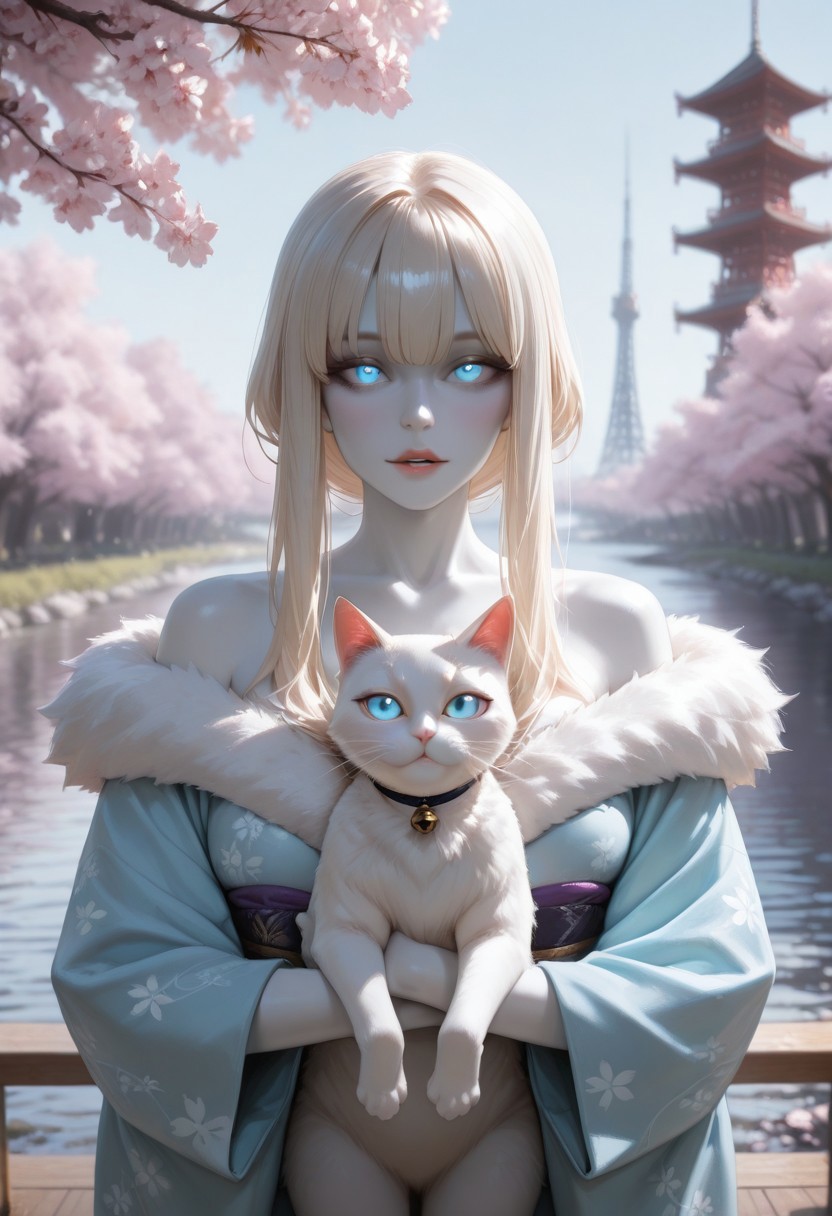 lazypos, perfect anatomy, absolutely eye-catching, ambient occlusion, amazing quality, best quality, very awa,
1girl, 24yo female, older female, mature female, solo, Blushing, long hair, white hair, colored skin, white skin, pale skin, looking at viewer, parted lips, blonde hair, blue eyes, glowing eyes, cute, kimono, off shoulder's kimono, light blue kimono, fur trimmed kimono, holding cat, white cat, Cherry blossom tree, tower, river,
 <lora:super_secret_lora_not_released:2> <lora:TrendCraft_The_Peoples_Style_Detailer-v2.3I-4_15_2025-Illustrious:0.4>