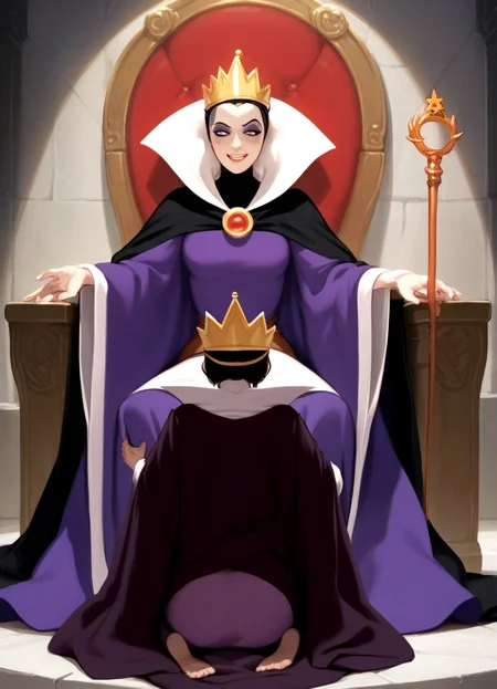 grimhilde, cape, cloak, crown, dress,  makeup,  robe,
throne room, sitting on throne, wicked smile, holding golden scepter,  skirt lift,
1girl, servant girl,  kneeling between legs,  implied cunnilingus, 
BREAK
score_9,score_8_up,score_7_up,source_cartoon,
<lora:evil_queen_grimhilde-000045:1>